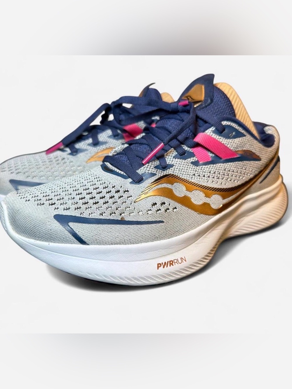 Saucony Women's PWRRUN Running Shoes in White, Navy, Gold, Pink